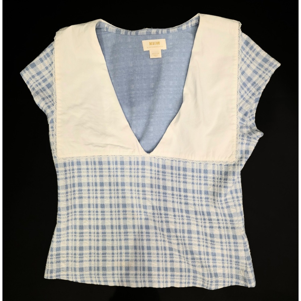 Anthropologie Maeve Blue & White Collar Blouse Women's Size Medium